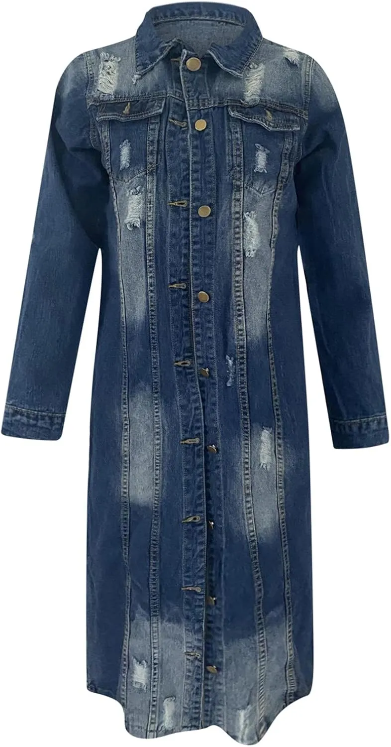 Long Denim Jackets for Women 2023 Fashion Maxi Denim Coats Loose Casual Washed Button Down Jean Jacket Trench Coat