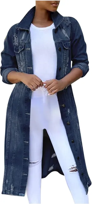 Long Denim Jackets for Women 2023 Fashion Maxi Denim Coats Loose Casual Washed Button Down Jean Jacket Trench Coat