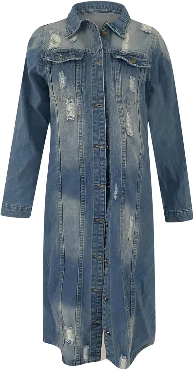 Long Denim Jackets for Women 2023 Fashion Maxi Denim Coats Loose Casual Washed Button Down Jean Jacket Trench Coat