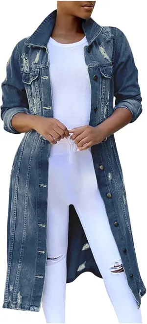 Long Denim Jackets for Women 2023 Fashion Maxi Denim Coats Loose Casual Washed Button Down Jean Jacket Trench Coat