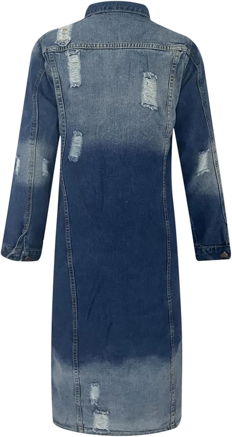 Long Denim Jackets for Women 2023 Fashion Maxi Denim Coats Loose Casual Washed Button Down Jean Jacket Trench Coat