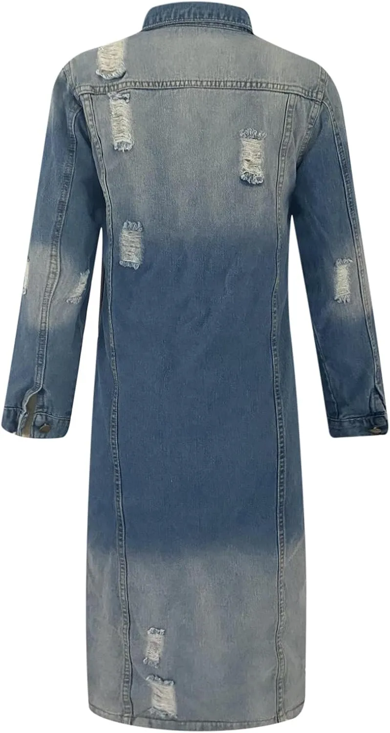 Long Denim Jackets for Women 2023 Fashion Maxi Denim Coats Loose Casual Washed Button Down Jean Jacket Trench Coat