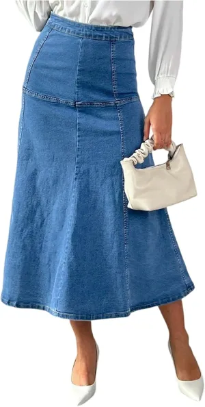 Long Denim Skirts for Women Loose High Waisted Tiered A Line Denim Maxi Skirt Trendy Vintage Long Jean Skirt Midi Length