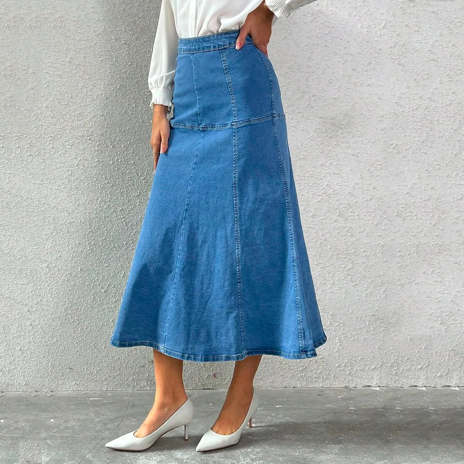 Long Denim Skirts for Women Loose High Waisted Tiered A Line Denim Maxi Skirt Trendy Vintage Long Jean Skirt Midi Length