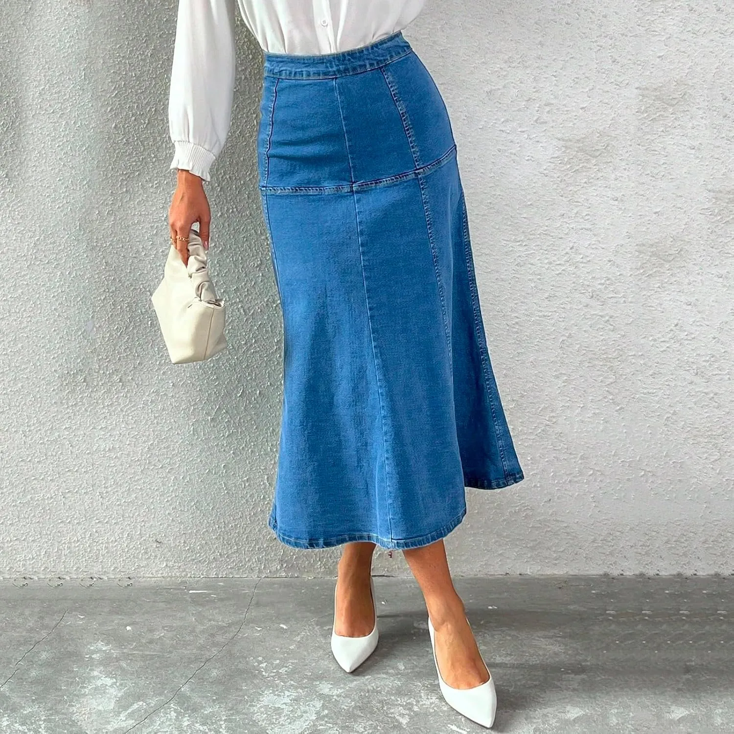 Long Denim Skirts for Women Loose High Waisted Tiered A Line Denim Maxi Skirt Trendy Vintage Long Jean Skirt Midi Length
