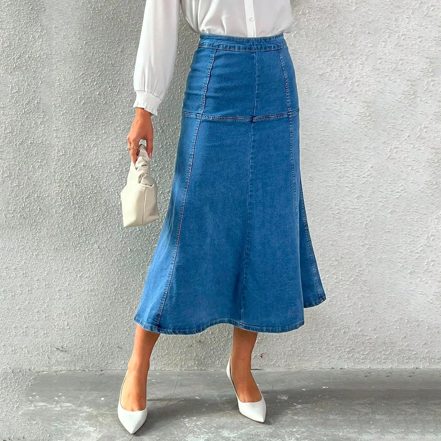 Long Denim Skirts for Women Loose High Waisted Tiered A Line Denim Maxi Skirt Trendy Vintage Long Jean Skirt Midi Length