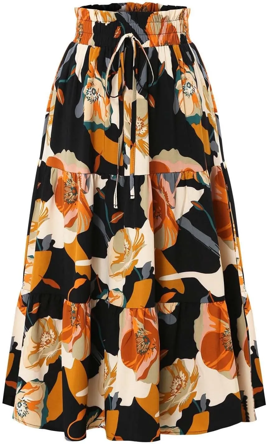 Long Skirt for Women Summer Trendy Bohemian Floral Print High Elastic Waist A-Line Loose Casual Boha Skirts for Vacation