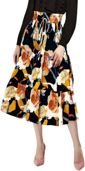 Long Skirt for Women Summer Trendy Bohemian Floral Print High Elastic Waist A-Line Loose Casual Boha Skirts for Vacation
