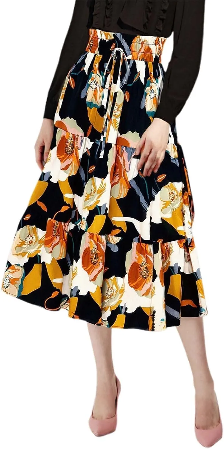 Long Skirt for Women Summer Trendy Bohemian Floral Print High Elastic Waist A-Line Loose Casual Boha Skirts for Vacation