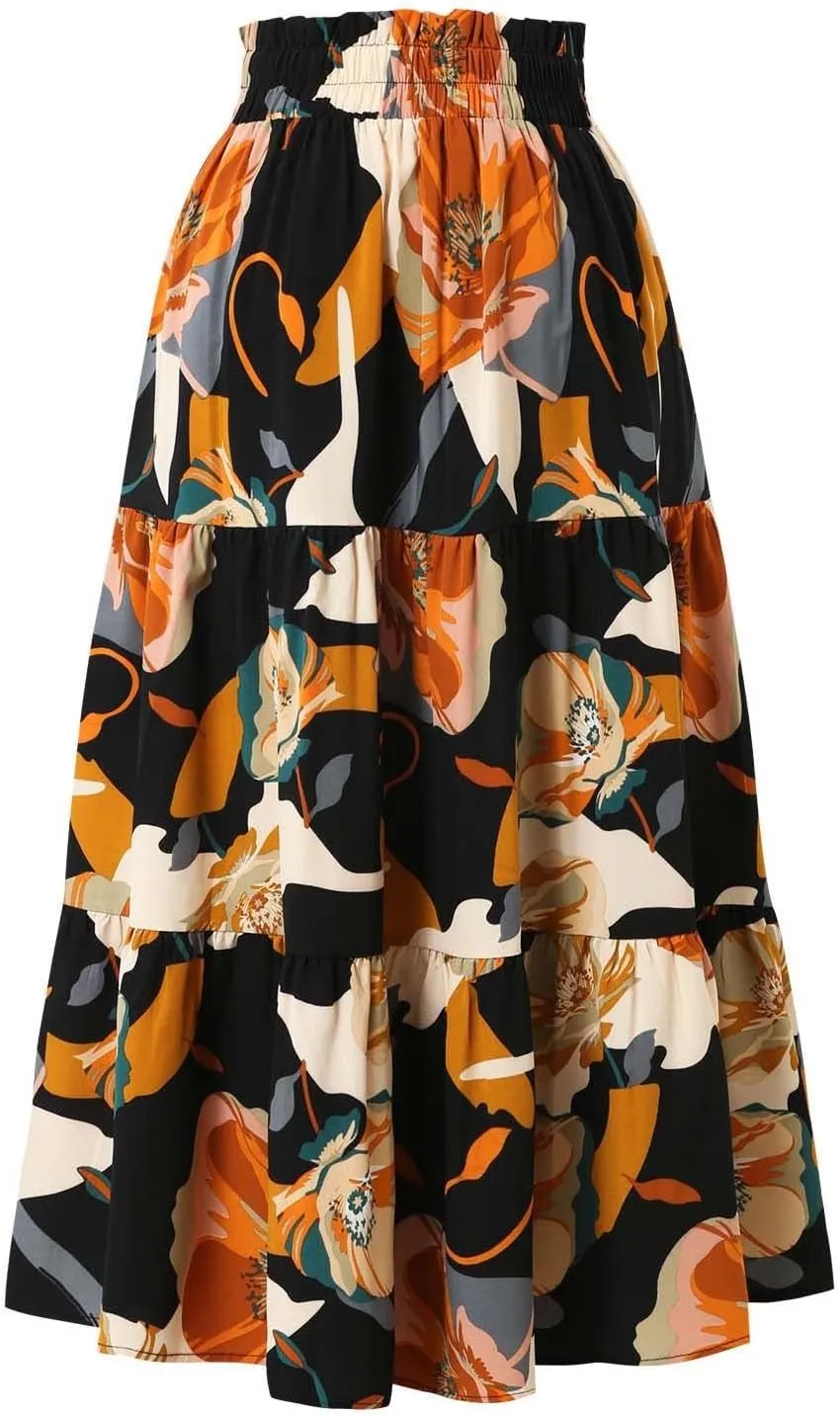 Long Skirt for Women Summer Trendy Bohemian Floral Print High Elastic Waist A-Line Loose Casual Boha Skirts for Vacation