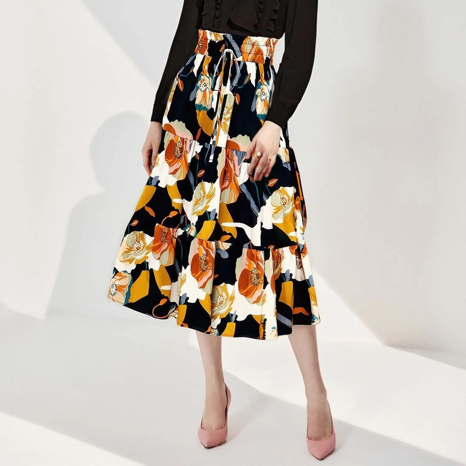 Long Skirt for Women Summer Trendy Bohemian Floral Print High Elastic Waist A-Line Loose Casual Boha Skirts for Vacation