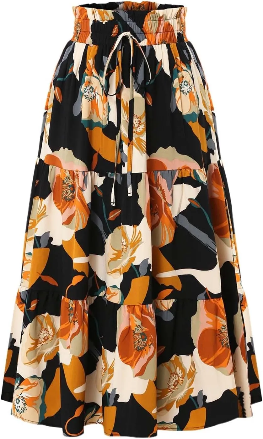 Long Skirt for Women Summer Trendy Bohemian Floral Print High Elastic Waist A-Line Loose Casual Boha Skirts for Vacation