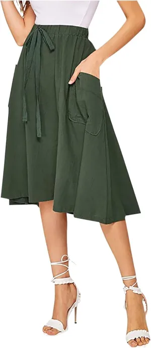 Long Skirts for Women Below Knee Length Casual Elastic Tie Waist Flowy A Line High Low Midi Skirt Dress with Pockets
