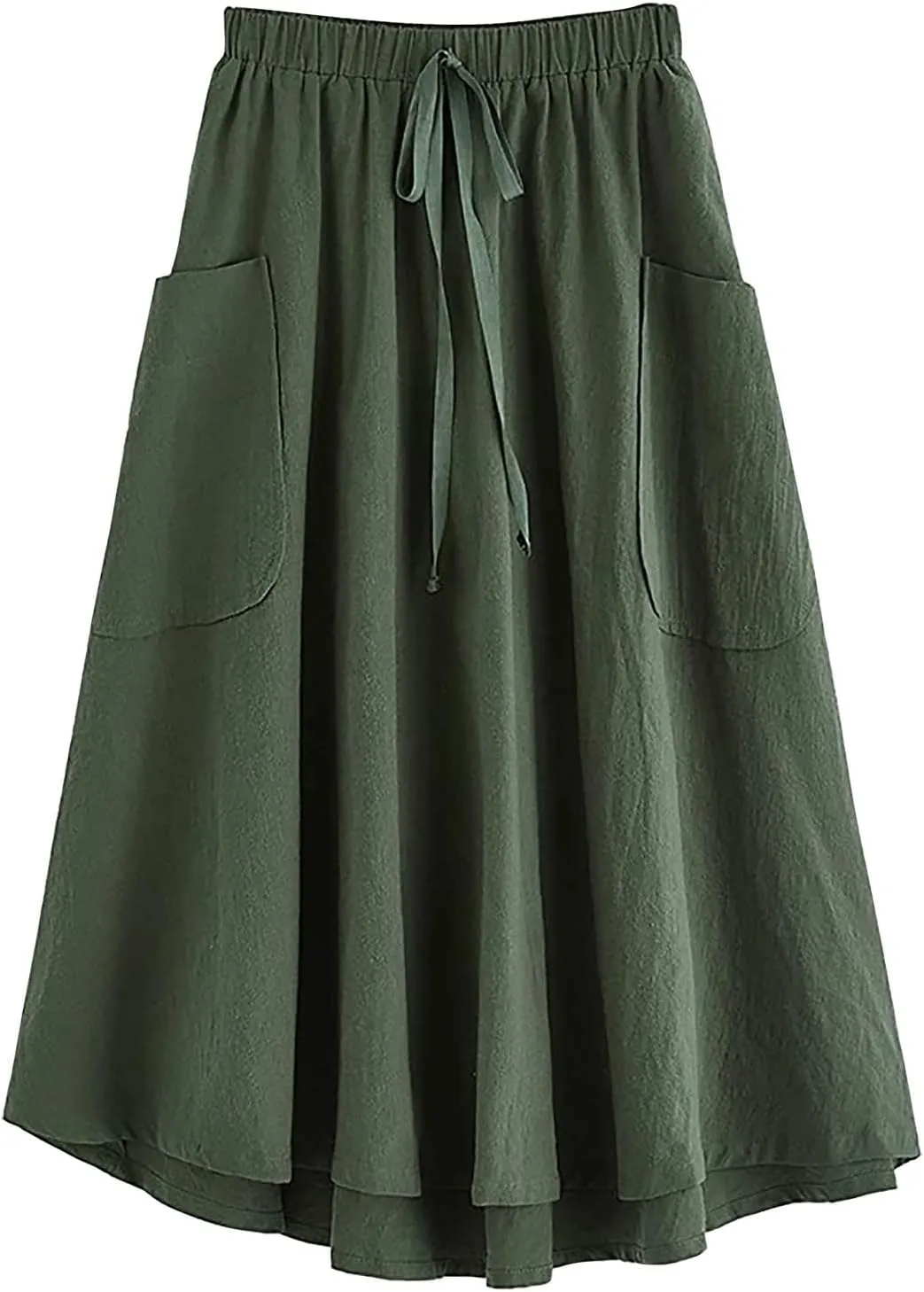 Long Skirts for Women Below Knee Length Casual Elastic Tie Waist Flowy A Line High Low Midi Skirt Dress with Pockets
