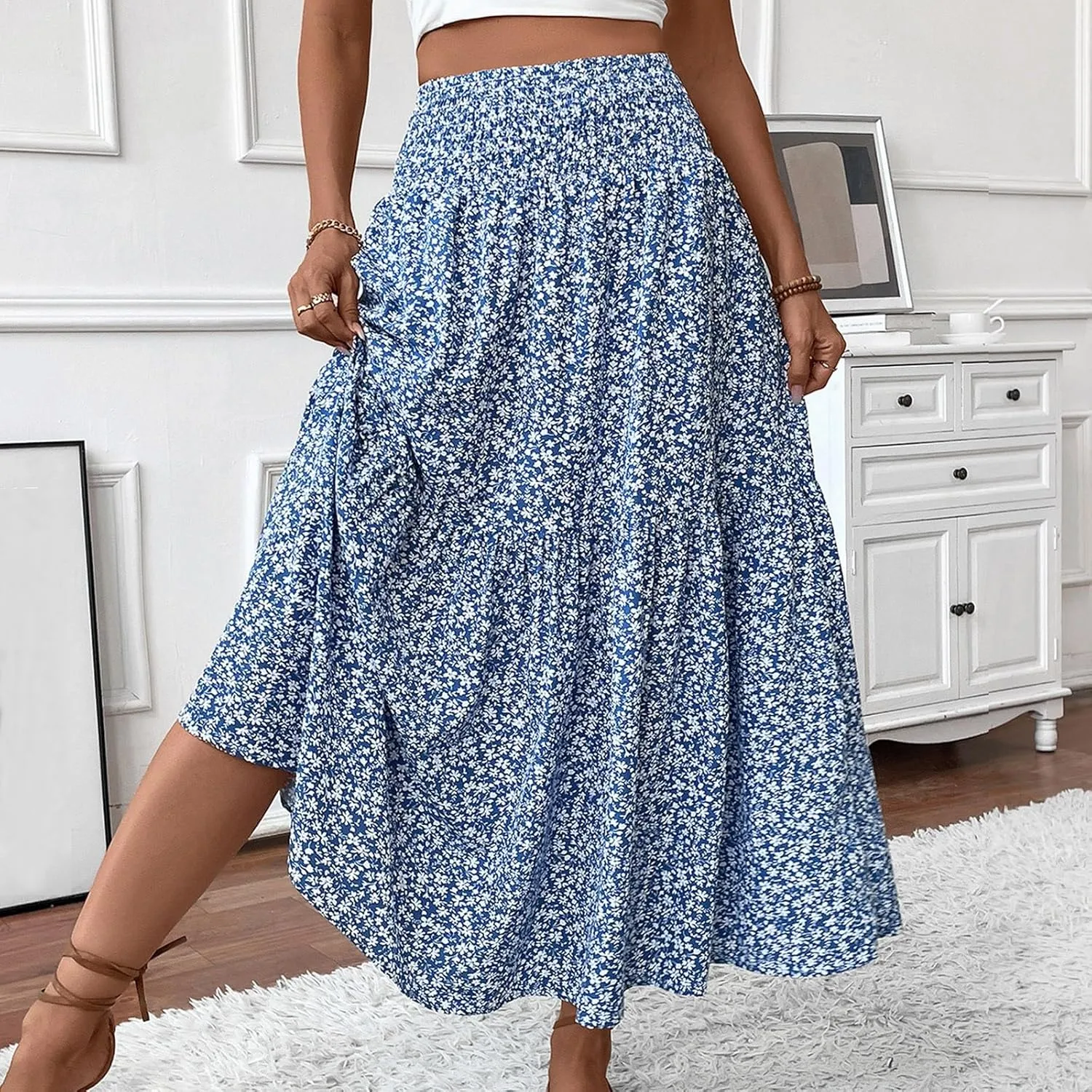 Long Skirts for Women Trendy Summer Flowy Floral Maxi Skirt Lightweight Elastic Smocked High Waisted A Line Skirts