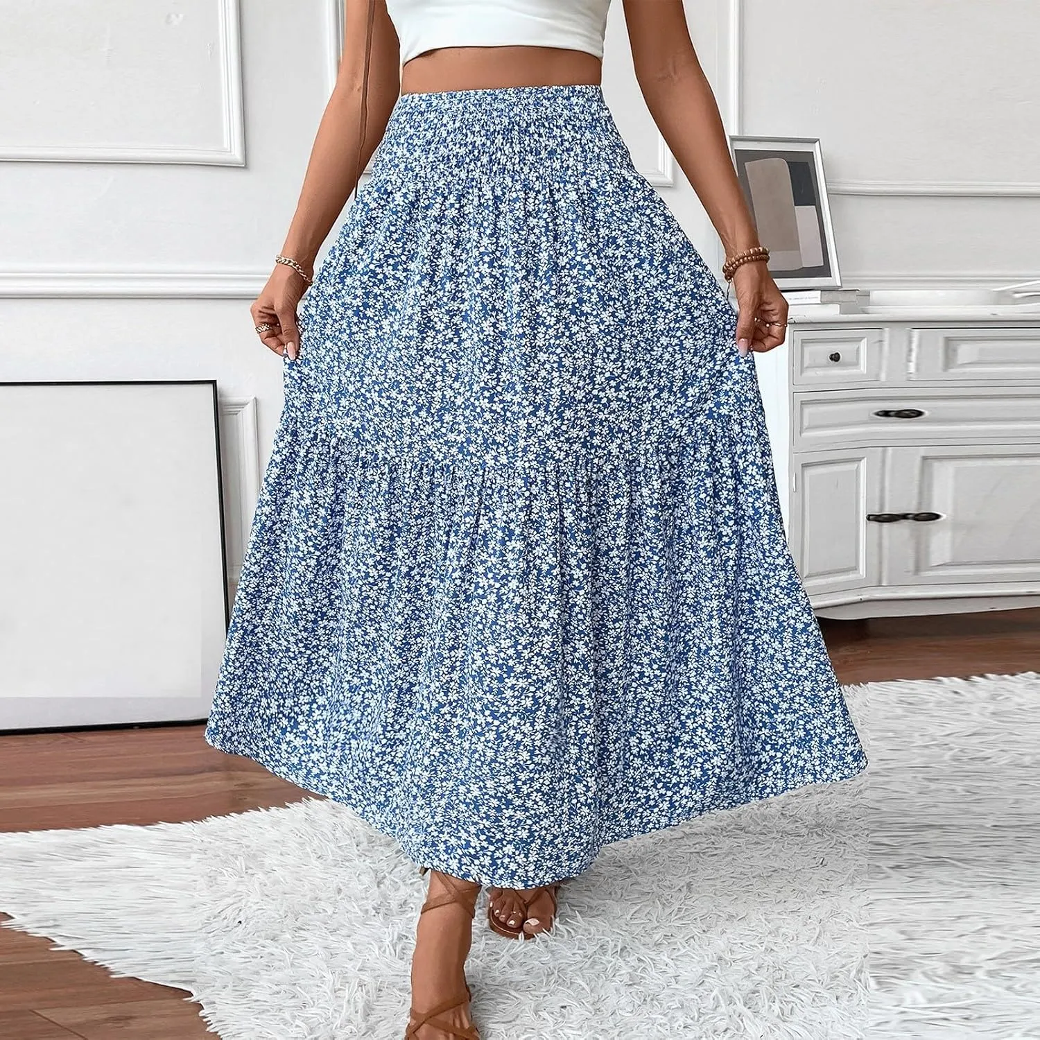 Long Skirts for Women Trendy Summer Flowy Floral Maxi Skirt Lightweight Elastic Smocked High Waisted A Line Skirts