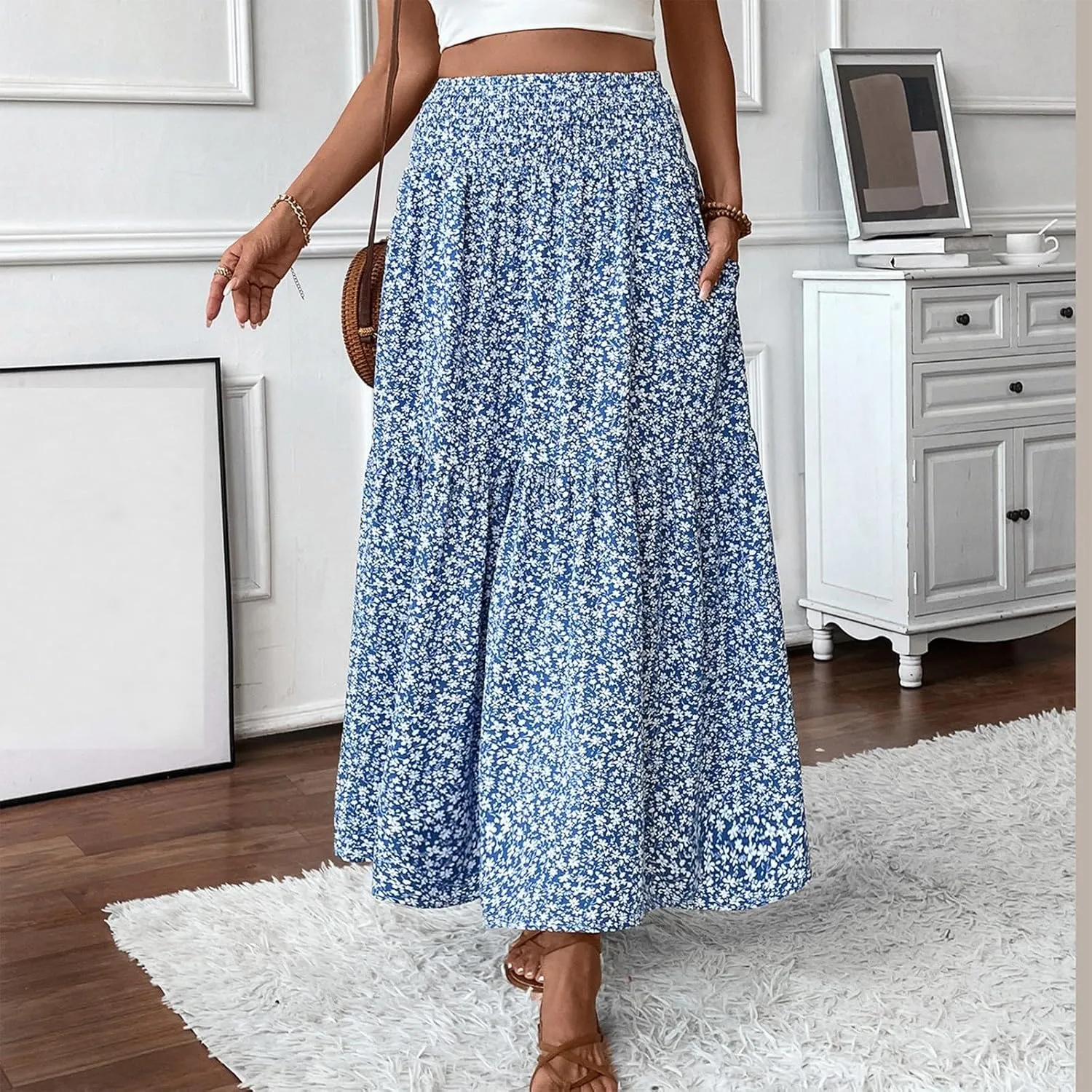Long Skirts for Women Trendy Summer Flowy Floral Maxi Skirt Lightweight Elastic Smocked High Waisted A Line Skirts