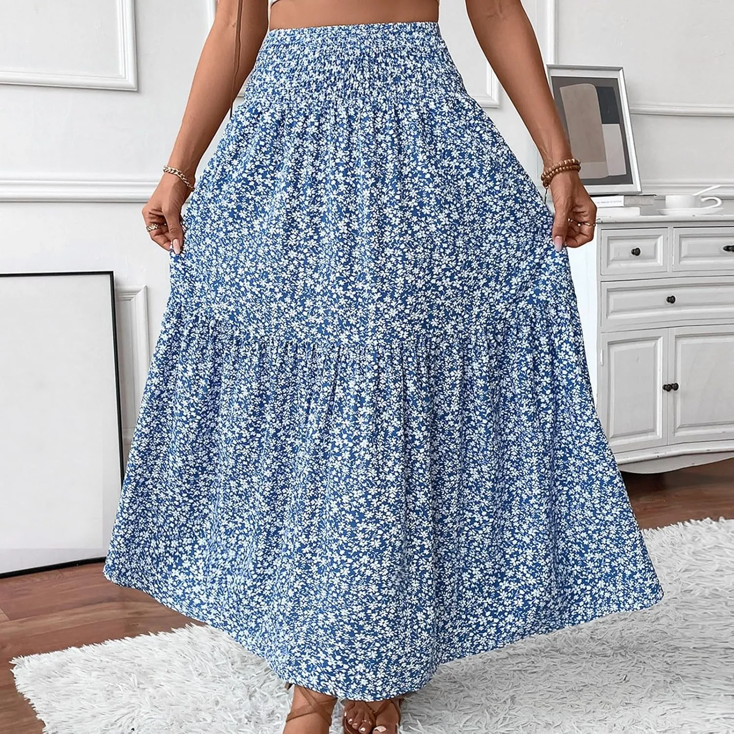 Long Skirts for Women Trendy Summer Flowy Floral Maxi Skirt Lightweight Elastic Smocked High Waisted A Line Skirts
