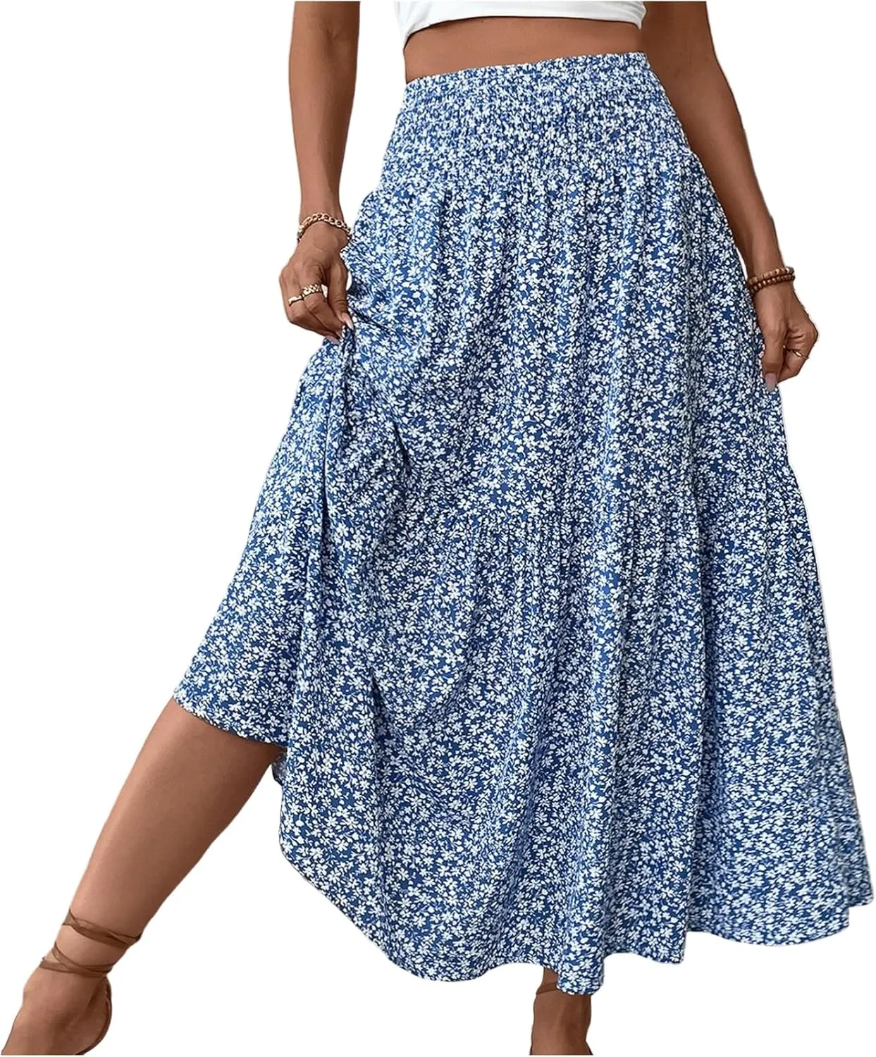 Long Skirts for Women Trendy Summer Flowy Floral Maxi Skirt Lightweight Elastic Smocked High Waisted A Line Skirts