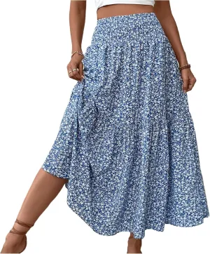 Long Skirts for Women Trendy Summer Flowy Floral Maxi Skirt Lightweight Elastic Smocked High Waisted A Line Skirts
