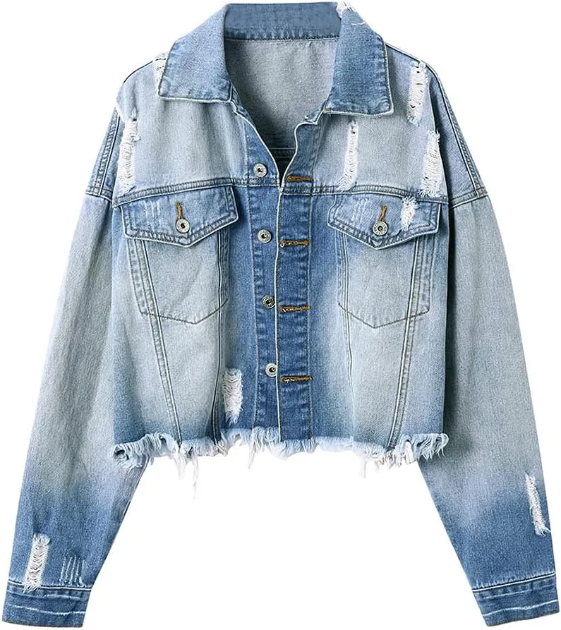 LONGYIDA Denim Jackets for Women Button Down Cropped Frayed Jean Jacket Long Sleeve Distressed Ripped Denim Jacket Coat