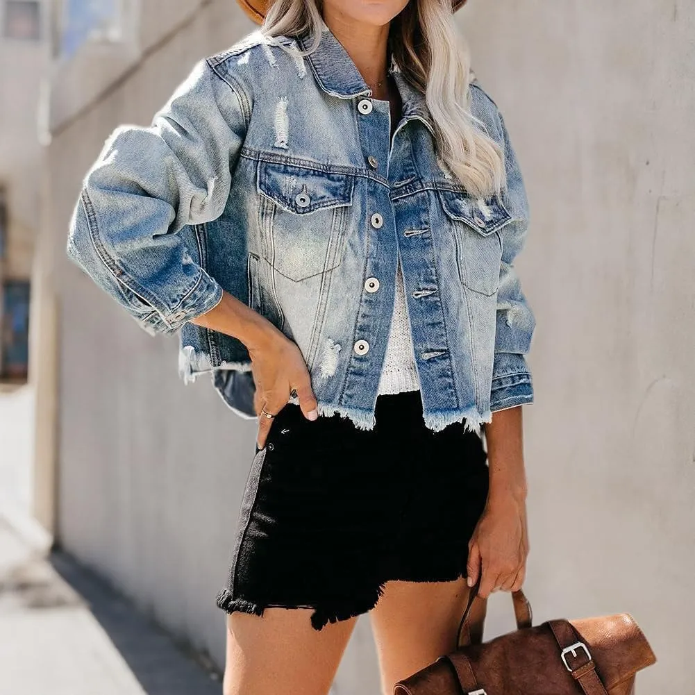 LONGYIDA Denim Jackets for Women Button Down Cropped Frayed Jean Jacket Long Sleeve Distressed Ripped Denim Jacket Coat
