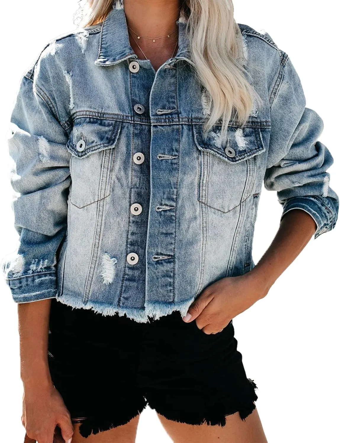 LONGYIDA Denim Jackets for Women Button Down Cropped Frayed Jean Jacket Long Sleeve Distressed Ripped Denim Jacket Coat