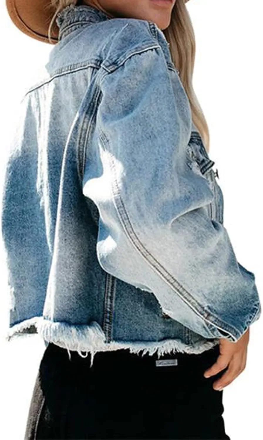 LONGYIDA Denim Jackets for Women Button Down Cropped Frayed Jean Jacket Long Sleeve Distressed Ripped Denim Jacket Coat