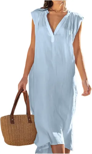 Loose Sleeveless Cotton Dress Linen V-Neck Summer Beach Maxi Dresses Solid Boho Flowy Vacation Travel Swing Dresses