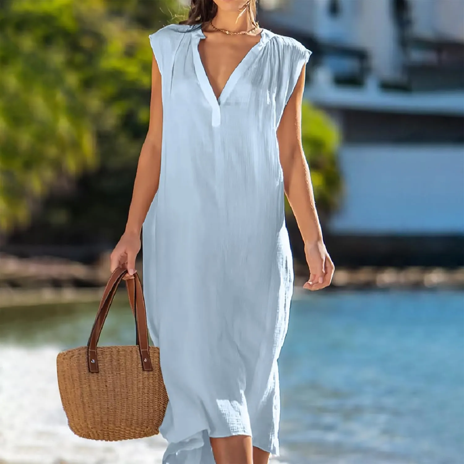 Loose Sleeveless Cotton Dress Linen V-Neck Summer Beach Maxi Dresses Solid Boho Flowy Vacation Travel Swing Dresses