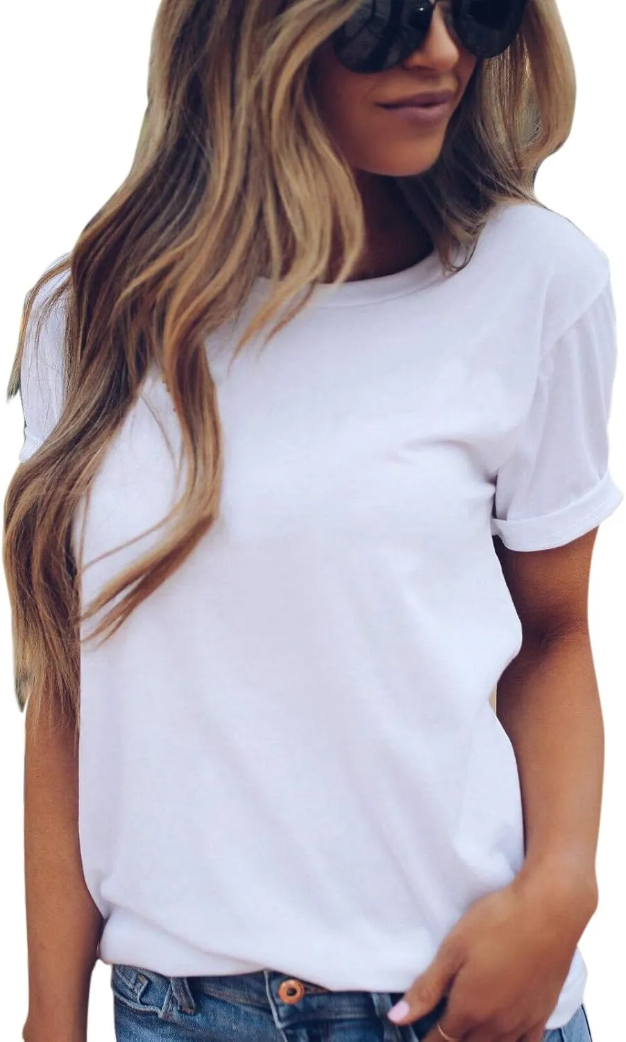 LOVFEE Women's Basic Cotton Crewneck O-Neck Short Sleeve Loose Casual T-Shirts