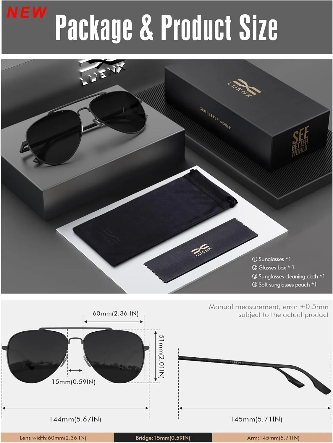 LUENX Aviator Sunglasses for Men Women Polarized Driving Classic Shades - UV 400 Protection with Accessories 60MM
