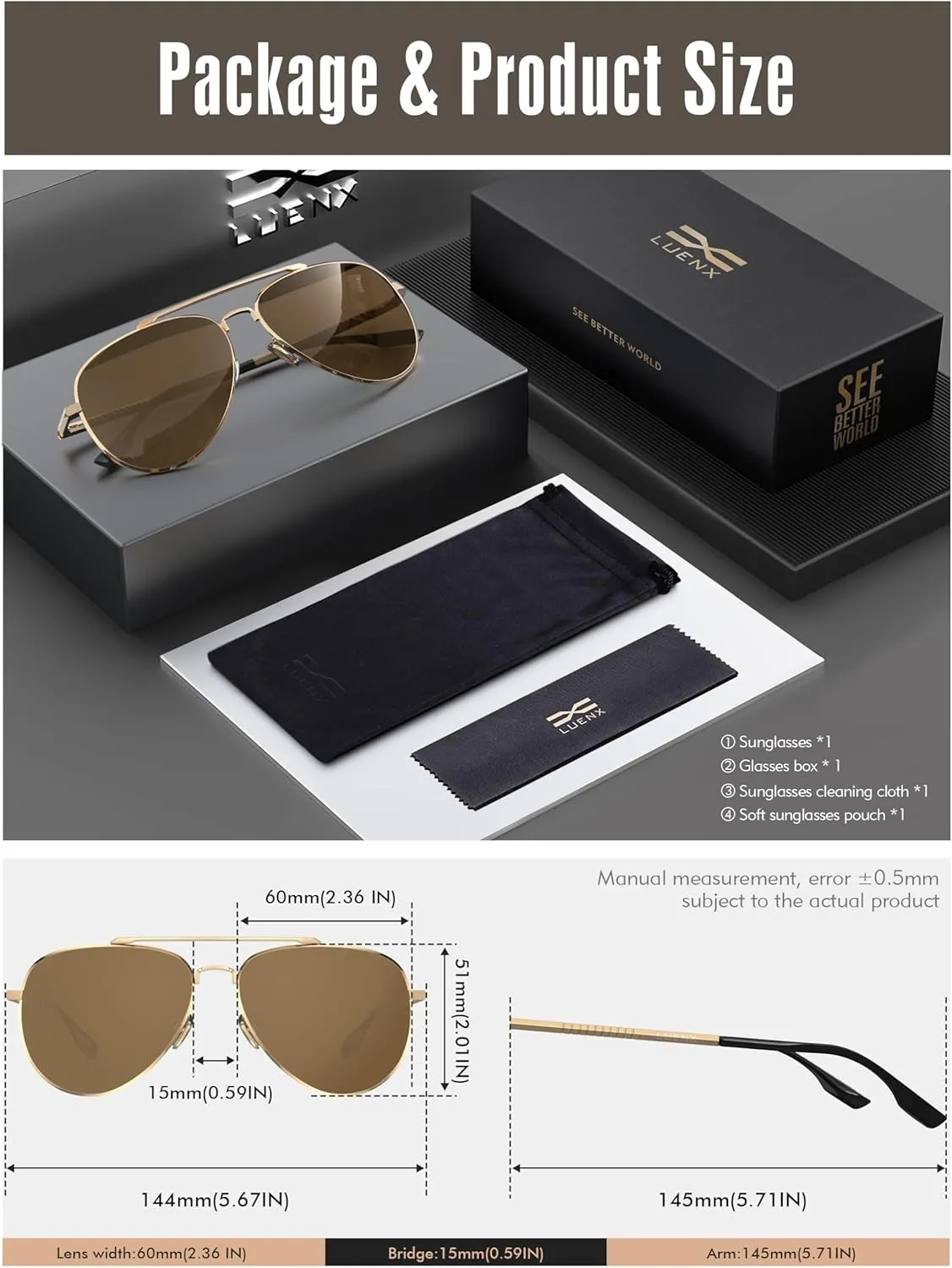 LUENX Aviator Sunglasses for Men Women Polarized Driving Classic Shades - UV 400 Protection with Accessories 60MM
