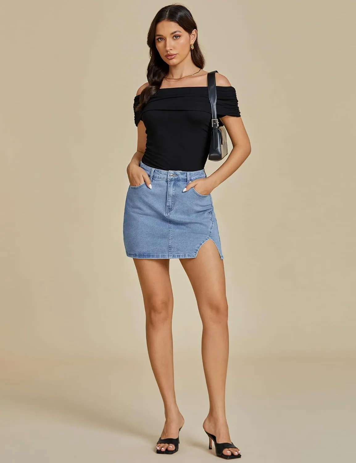 luvamia Jean Skirts for Women Denim High Waisted Stretchy Denim Skirt with Slit Trendy Casual Slim Fit Short Skirts