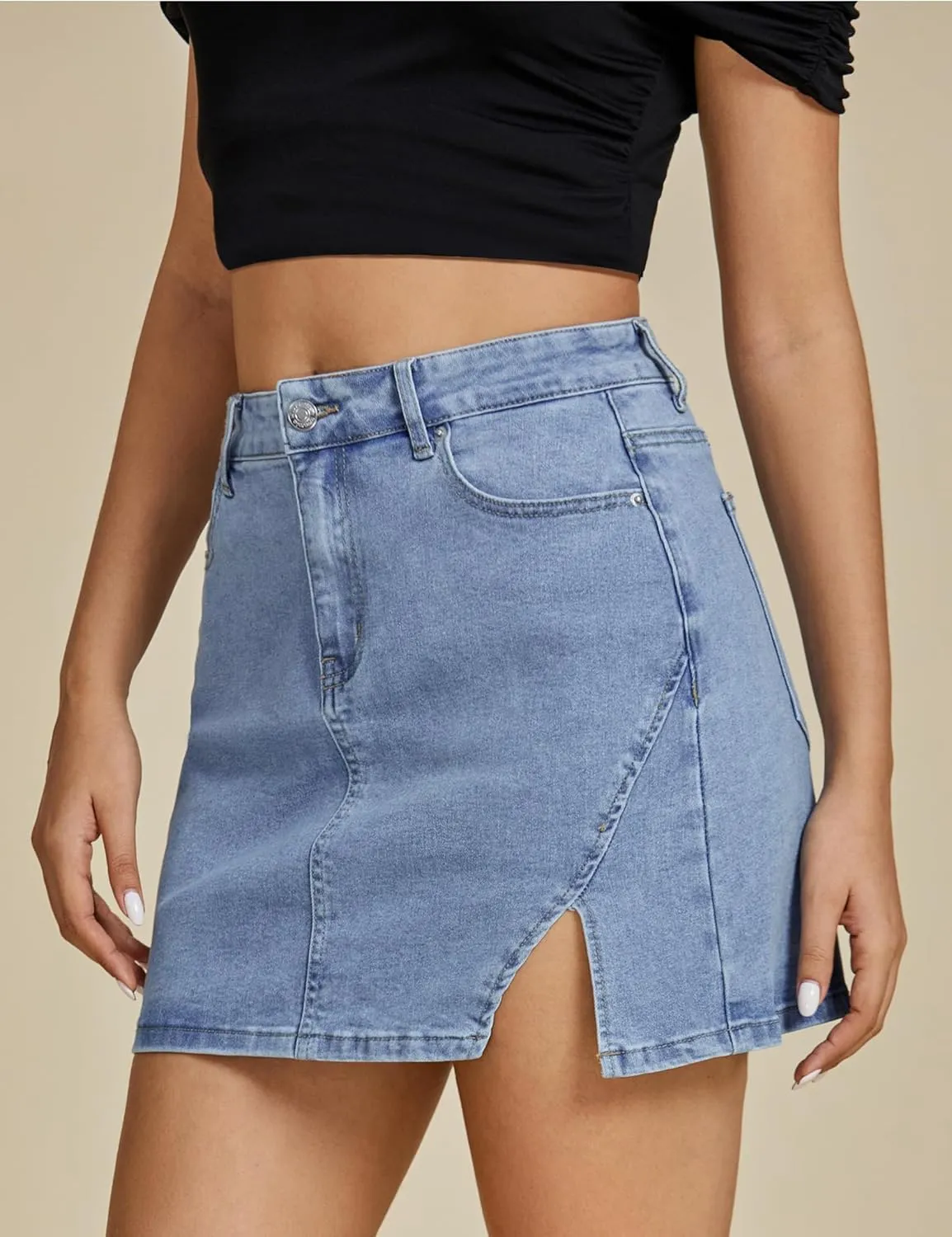 luvamia Jean Skirts for Women Denim High Waisted Stretchy Denim Skirt with Slit Trendy Casual Slim Fit Short Skirts