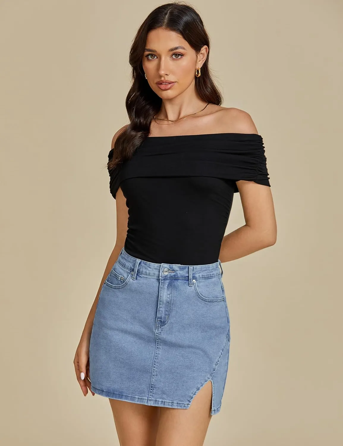 luvamia Jean Skirts for Women Denim High Waisted Stretchy Denim Skirt with Slit Trendy Casual Slim Fit Short Skirts