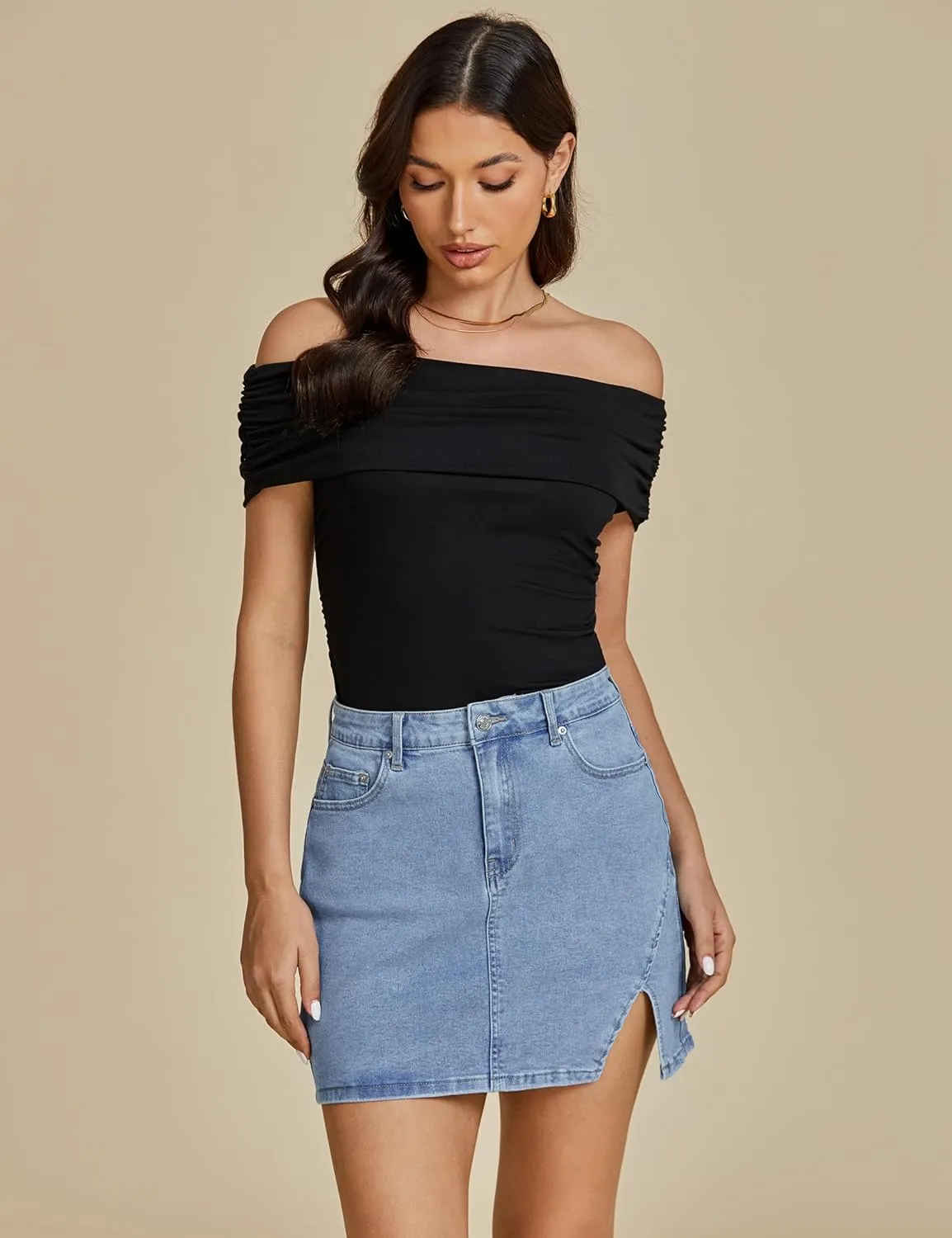 luvamia Jean Skirts for Women Denim High Waisted Stretchy Denim Skirt with Slit Trendy Casual Slim Fit Short Skirts