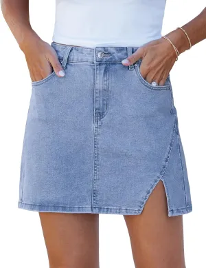 luvamia Jean Skirts for Women Denim High Waisted Stretchy Denim Skirt with Slit Trendy Casual Slim Fit Short Skirts