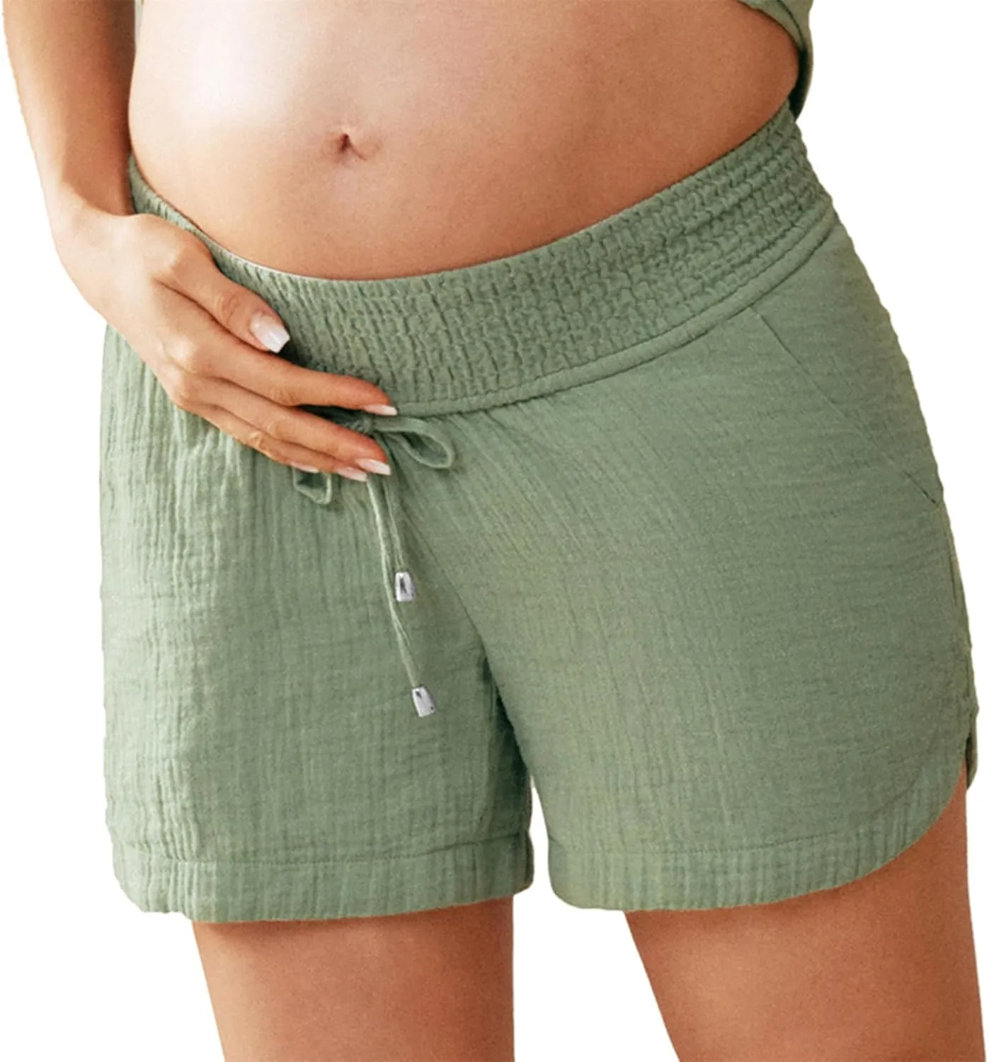 Maacie Maternity Shorts Underbelly Drawstring Elastic Waist Cotton Shorts with Pockets Summer Cute Beach Casual Shorts
