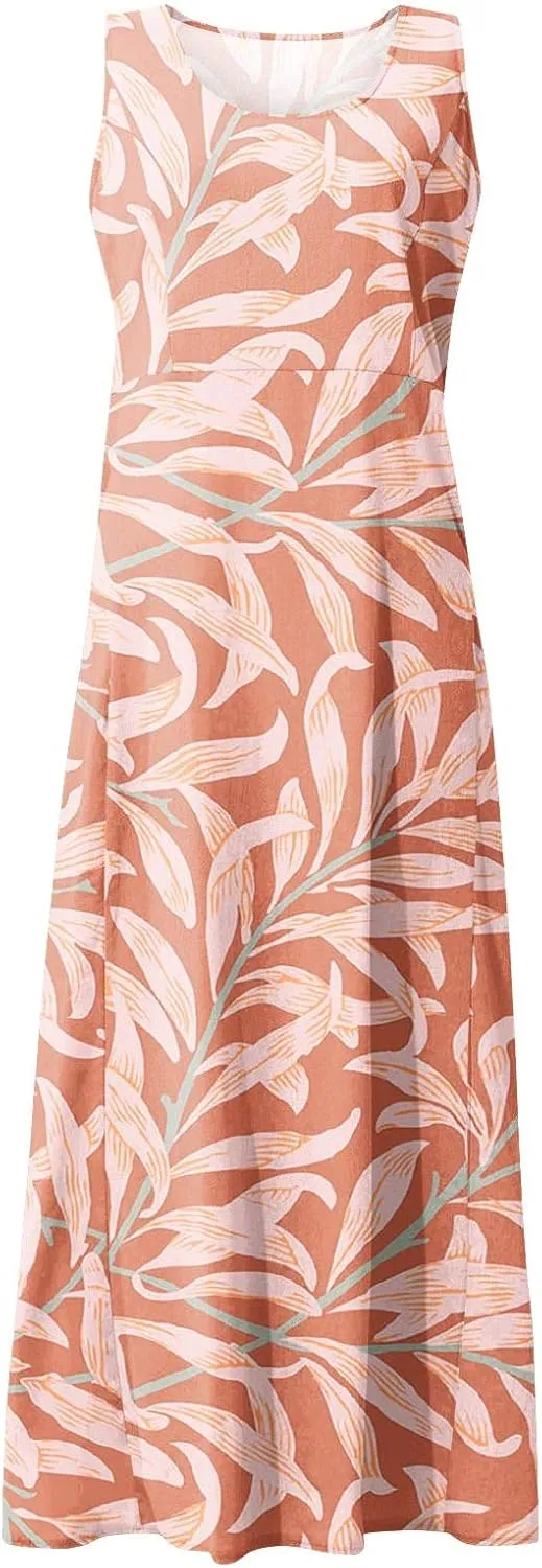Maxi Dress for Women Cotton Linen Floral Print Casual Long Dress Flowy Sleeveless Round Neck Dresses with Pockets
