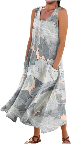 Maxi Dress for Women Cotton Linen Floral Print Casual Long Dress Flowy Sleeveless Round Neck Dresses with Pockets