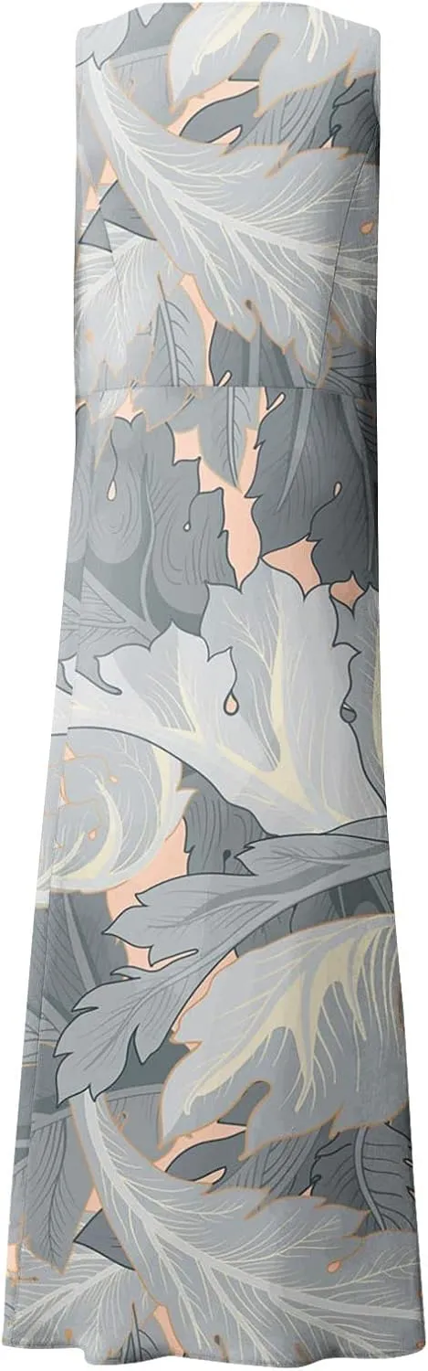Maxi Dress for Women Cotton Linen Floral Print Casual Long Dress Flowy Sleeveless Round Neck Dresses with Pockets