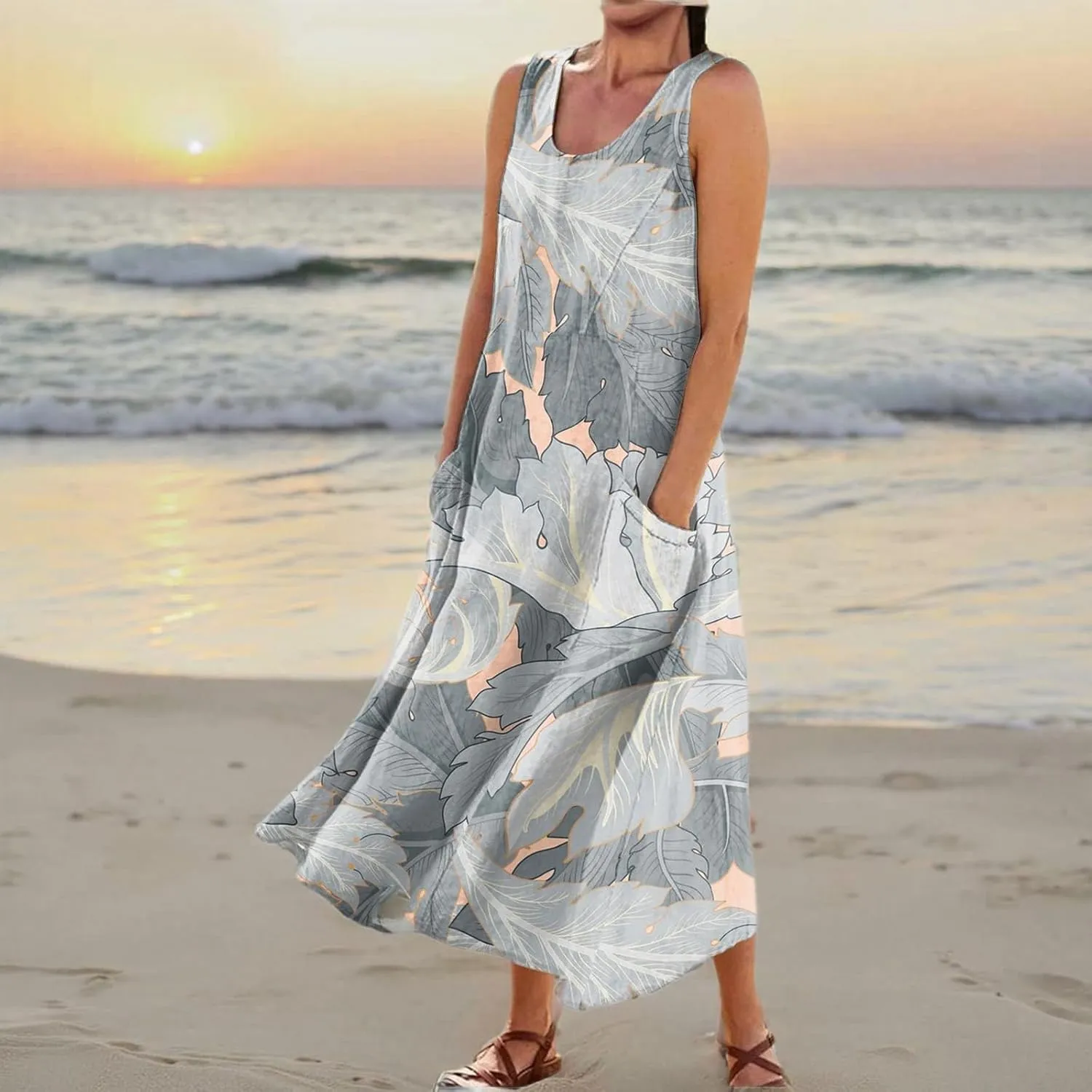 Maxi Dress for Women Cotton Linen Floral Print Casual Long Dress Flowy Sleeveless Round Neck Dresses with Pockets
