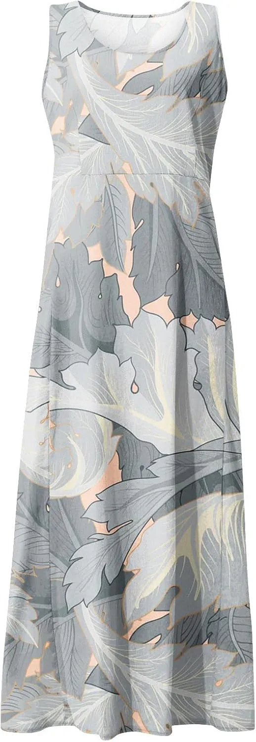 Maxi Dress for Women Cotton Linen Floral Print Casual Long Dress Flowy Sleeveless Round Neck Dresses with Pockets