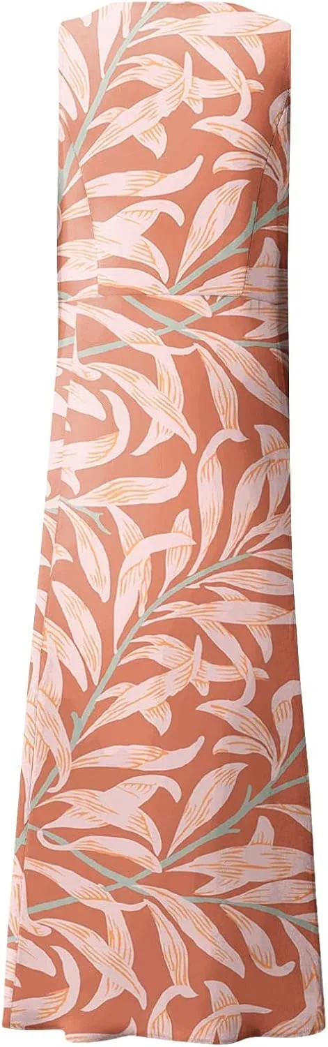 Maxi Dress for Women Cotton Linen Floral Print Casual Long Dress Flowy Sleeveless Round Neck Dresses with Pockets
