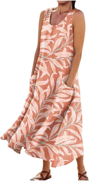 Maxi Dress for Women Cotton Linen Floral Print Casual Long Dress Flowy Sleeveless Round Neck Dresses with Pockets