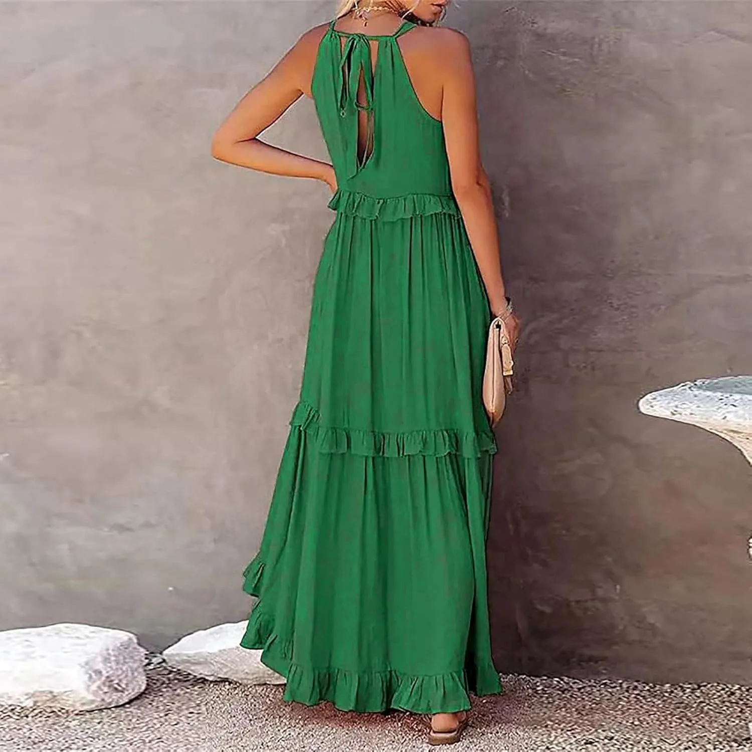 Maxi Dresses for Women 2025 Halter Flowy Ruffle Tiered Long Dress Casual Summer A Line Swing Beach Sundress