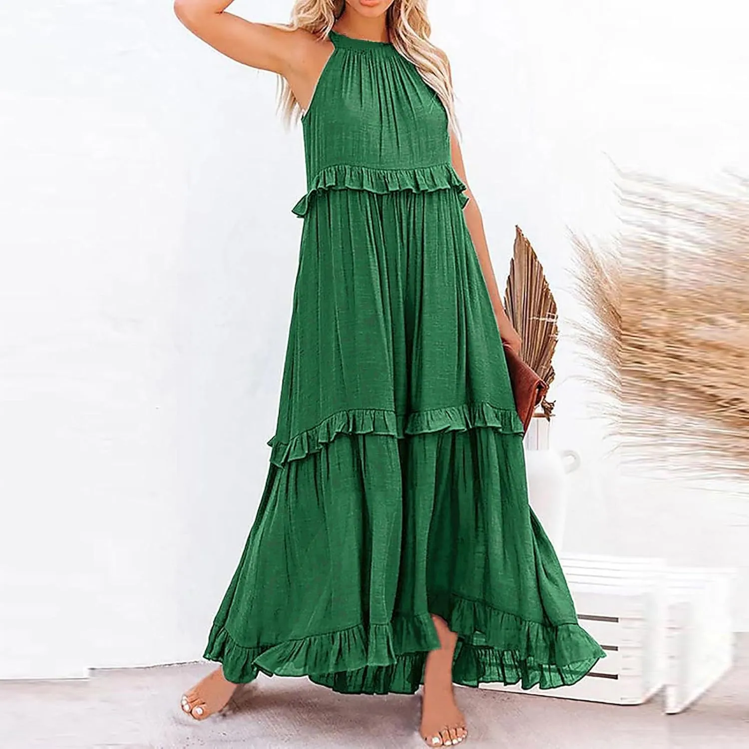 Maxi Dresses for Women 2025 Halter Flowy Ruffle Tiered Long Dress Casual Summer A Line Swing Beach Sundress