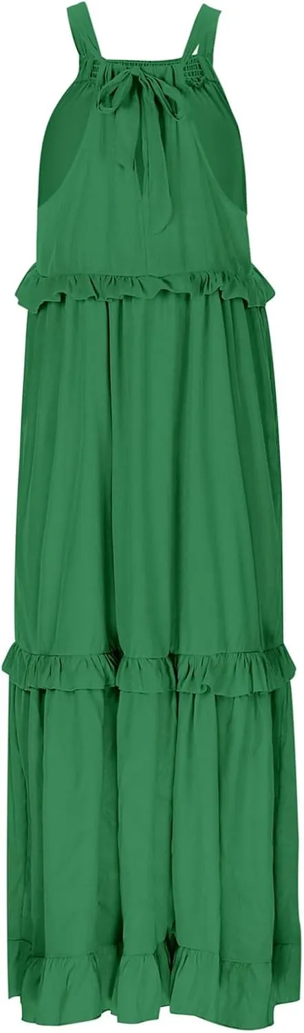 Maxi Dresses for Women 2025 Halter Flowy Ruffle Tiered Long Dress Casual Summer A Line Swing Beach Sundress
