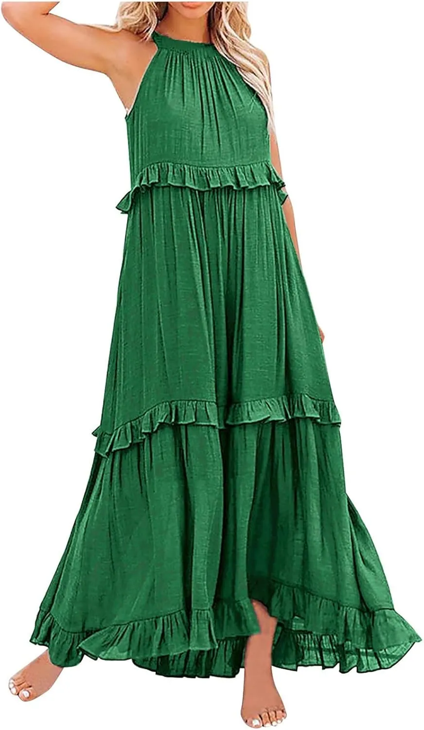 Maxi Dresses for Women 2025 Halter Flowy Ruffle Tiered Long Dress Casual Summer A Line Swing Beach Sundress